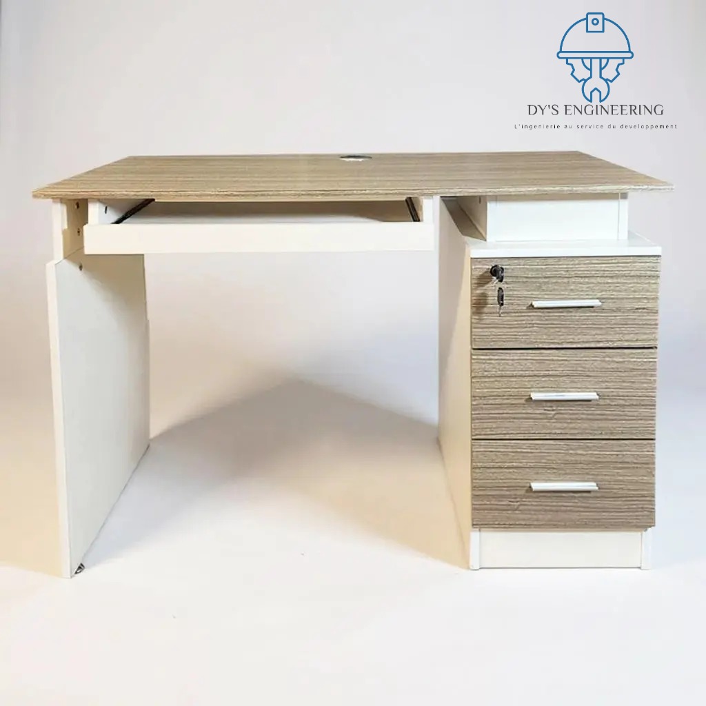 Bureau agent compact bois clair et crème, 3 tiroirs
