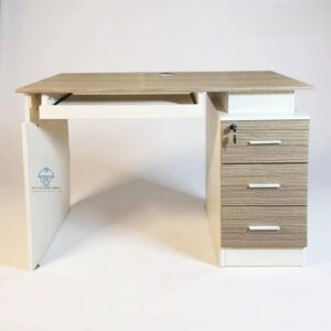 Bureau agent compact bois clair et crème, 3 tiroirs